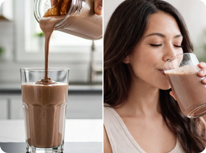 Chocolate milk being poured into a glass and a woman drinking it.